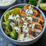 Grilled Chicken & Broccoli Bowls with Creamy Garlic Sauce