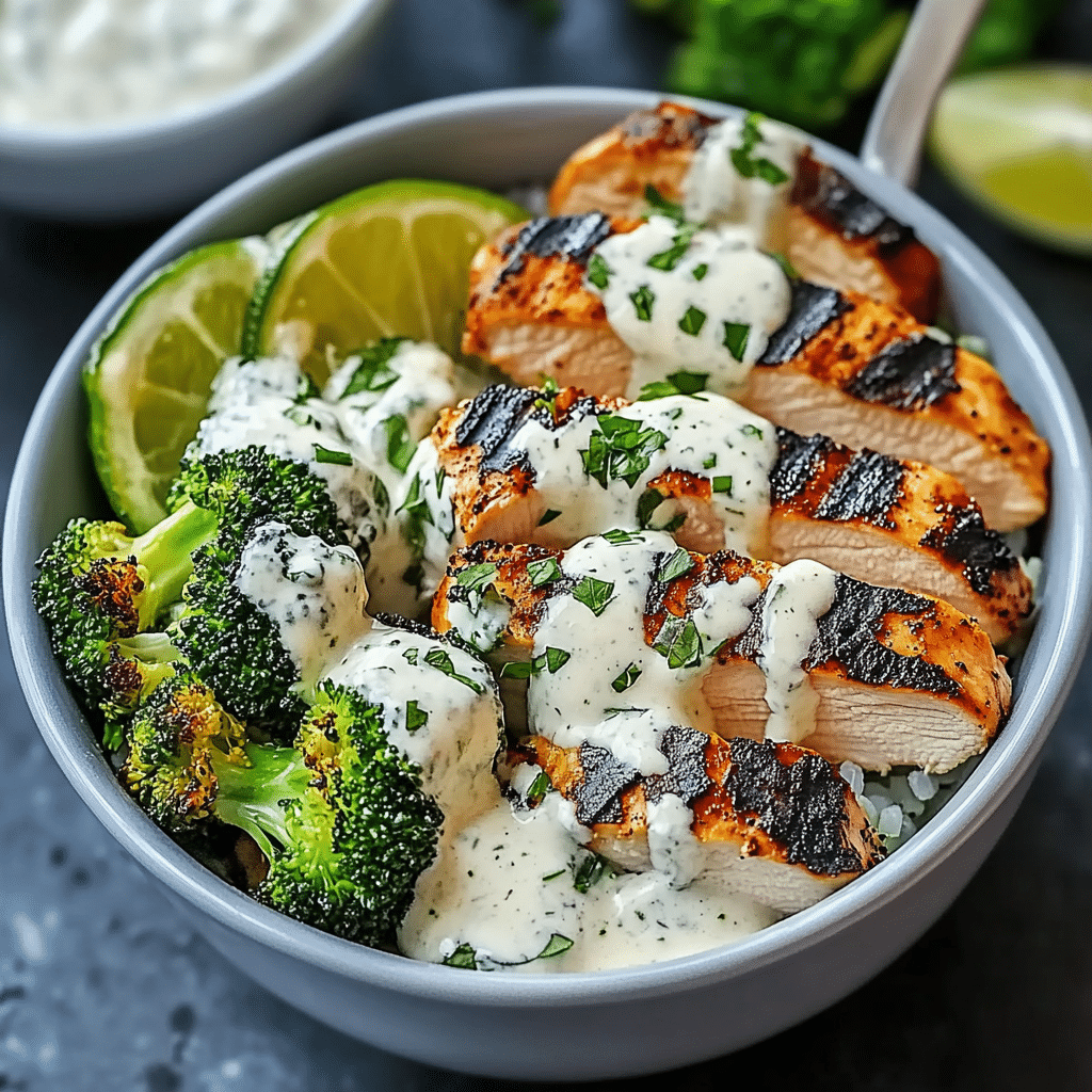 Grilled Chicken & Broccoli Bowls with Creamy Garlic Sauce
