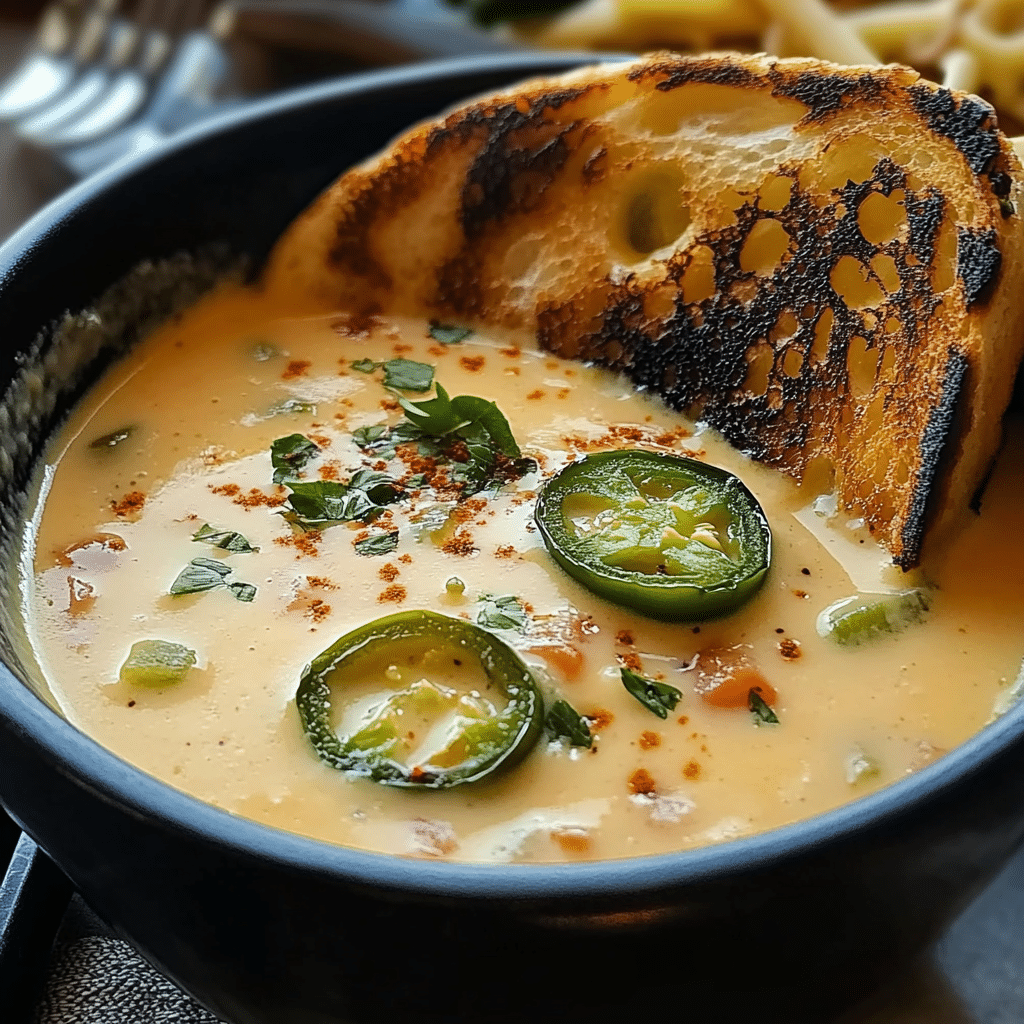 Spicy Jalapeño Popper Soup with Grilled Cheese Dippers