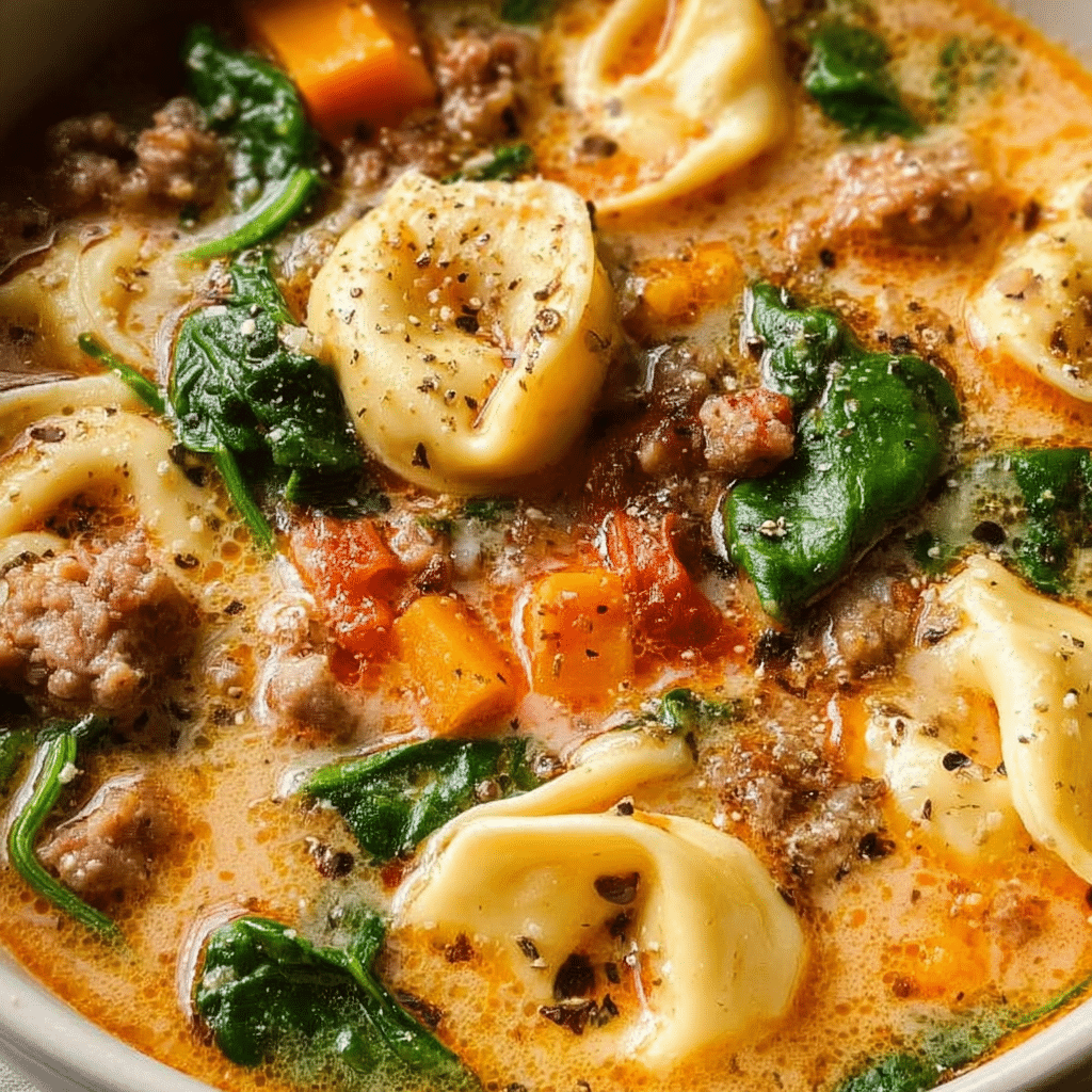 Sausage Tortellini Soup with Sweet Potato and Spinach