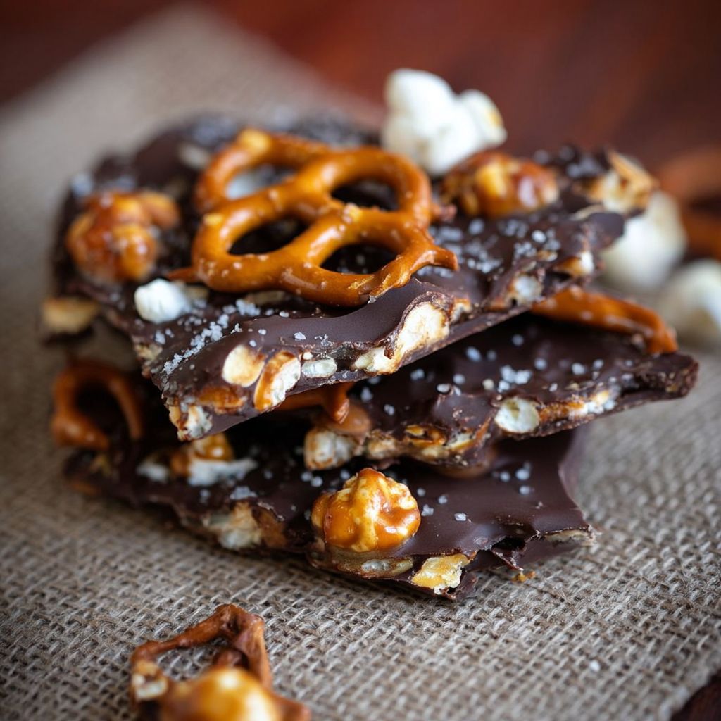 Chocolate Bark with Popcorn and Pretzels